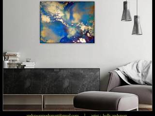 Large Fluid Abstract Alcohol Ink on Metal Clouds Painting , Skyscape in blues and golds Contemporary Modern Wall Art by Holly Anderson " HALOS ", Holly Anderson Fine Art Holly Anderson Fine Art Meer ruimtes Aluminium / Zink