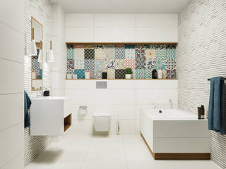 Kolorowy patchwork w nowoczesnej białej łazience, Domni.pl - Portal & Sklep Domni.pl - Portal & Sklep Modern bathroom Ceramic