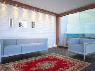 Casa da mare con classico tappeto persiano Kerman per living moderno con vista sul mare, Persian House Persian House Living room