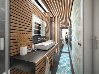 Baño Moderno compartido con acabados de madera, Fran Villaescusa Fran Villaescusa