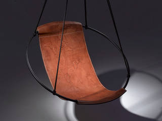 Studio Stirling Debossed Sling Collection - Minimal 21st Century Sculptural Functional Art, Tubular Steel Rust Protected and Powder Coated Hanging Chairs or Swing Seats, Studio Stirling pty (ltd) Studio Stirling pty (ltd) Otros espacios Piel Gris