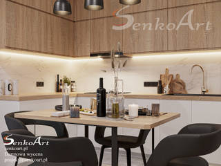 Projekt Kuchni z Salonem w Mieszkaniu, Senkoart Design Senkoart Design Małe kuchnie Drewno Biały