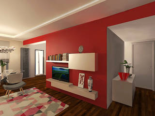 Soggiorno in rosso per un appartamento a Roma, Angela Archinà Progettazione & Interior Design Angela Archinà Progettazione & Interior Design Ruang Keluarga Modern