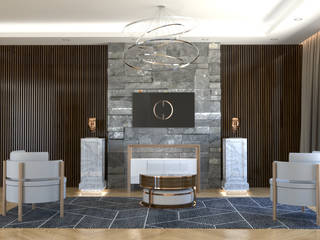 Progetto di soggiorno simmetrico con boiserie cannettata, GD Design GD Design Nowoczesny salon