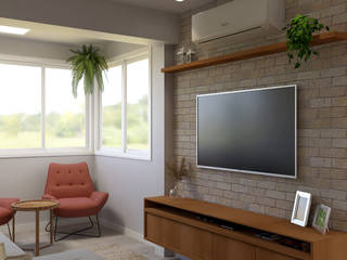 SALA DE ESTAR APÊ 38M2, Jéssica Paiva Interiores Jéssica Paiva Interiores Rustic style living room Bricks