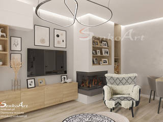 Projekt salonu w nowoczesnym stylu w domu, Senkoart Design Senkoart Design Moderne Wohnzimmer Holz-Kunststoff-Verbund Grau