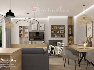 Projekt salonu w nowoczesnym stylu w domu, Senkoart Design Senkoart Design Moderne Wohnzimmer Holz-Kunststoff-Verbund Weiß