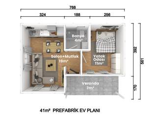 1+1 Prefabrik Ev 41 M² 56.200 TL, VİLLA DİZAYN PREFABRİK VİLLA DİZAYN PREFABRİK Industrialny salon Płyta OSB