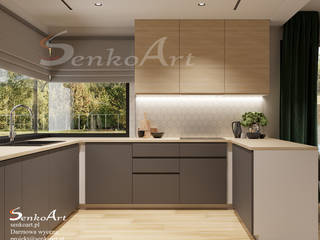 Projekt kuchni z salonem w domu jednorodzinnym, Senkoart Design Senkoart Design Küchenzeile Holz Holznachbildung