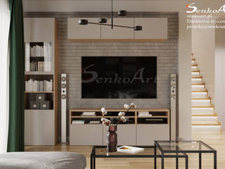 Projekt kuchni z salonem w domu jednorodzinnym, Senkoart Design Senkoart Design Moderne Wohnzimmer Ziegel Mehrfarbig