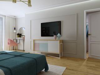 Przytulna sypialnia z garderobą w błękicie i różu, KJ Studio Projektowanie wnętrz KJ Studio Projektowanie wnętrz Nowoczesna sypialnia Drewno O efekcie drewna