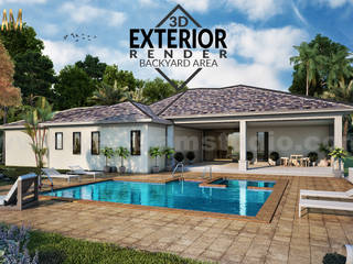 3D Architectural Rendering Residential House with backyard pool area by architectural design studio, Houston - Texas, Yantram Architectural Design Studio Corporation Yantram Architectural Design Studio Corporation