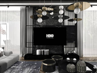 DARK HORSE | Salon z jadalnią i kuchnią, ARTDESIGN architektura wnętrz ARTDESIGN architektura wnętrz Salas de estar modernas