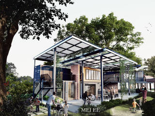 repurposed shipping container, Mei Ee Architect Mei Ee Architect Flat roof Iron/Steel