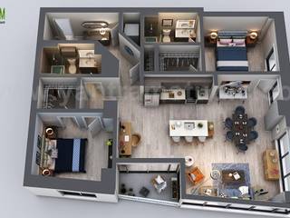 Unique Residential Apartment 3D Floor Plan Rendering Ideas by Yantram architectural design studio, Chicago, Illinois, Yantram Architectural Design Studio Corporation Yantram Architectural Design Studio Corporation Kamar Mandi Klasik