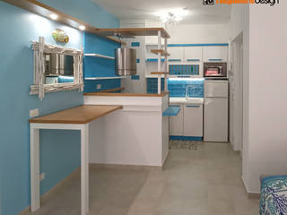 Soggiorno con cucina di una casa al mare, Falegnamerie Design Falegnamerie Design Cucina piccola Legno Bianco
