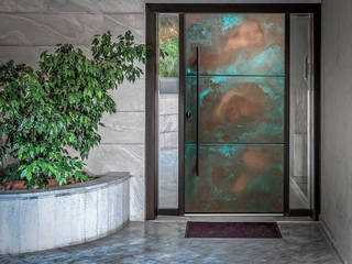 Copper Patina Front Entrance Door, Camel Glass Camel Glass Puertas principales Cobre/Bronce/Latón