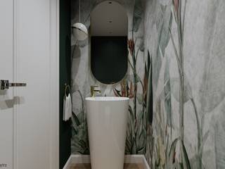 Toaleta z tapetą , KJ Studio Projektowanie wnętrz KJ Studio Projektowanie wnętrz Nowoczesna łazienka Płytki