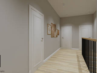 Nowoczesny korytarz, KJ Studio Projektowanie wnętrz KJ Studio Projektowanie wnętrz Nowoczesny korytarz, przedpokój i schody Drewno O efekcie drewna