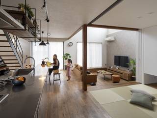 アイランドキッチンを中心に空間の広がるスキップフロアのある家, タイコーアーキテクト タイコーアーキテクト Industrial style living room Wood effect