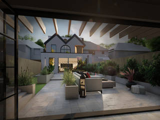CGI for our Hertfordshire client's dream home extension as viewed from the proposed Home Gym, BRITISH HOME DESIGN BRITISH HOME DESIGN منازل