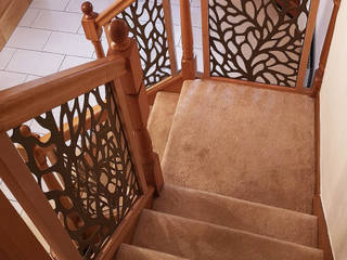 Old spindles replaced with new laser cut metal panels, Staircase Renovation Staircase Renovation درج معدن
