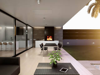 Altos MUROS de PIEDRA y decoración en color negro caracterizan esta casa de 205 m2, UNO100 Arquitectura UNO100 Arquitectura Terrazas