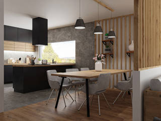 Nowoczesny salon z aneksem kuchennym w szarościach i drewnie, Domni.pl - Portal & Sklep Domni.pl - Portal & Sklep Modern dining room Ceramic