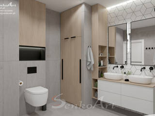 Projekt łazienki nowoczesnej z płytką drewnopodobną, Senkoart Design Senkoart Design Skandynawska łazienka Drewno O efekcie drewna