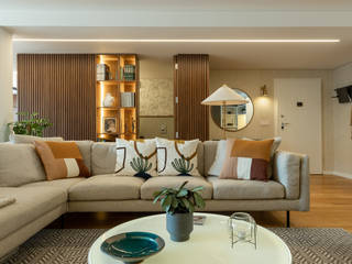 Sala de estar - Apartamento Canela - SHI Studio Interior Design homify Modern Living Room shistudio,shi studio, porto, portugal, decoração interiores, apartamento, sala de estar, sofá, candeeiro, mesa de apoio, almofada