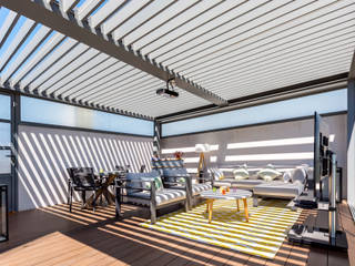 Pérgola bioclimática con Wind Screen y cortina de cristal en ático de Madrid, Saxun Saxun Balcones y terrazas modernos