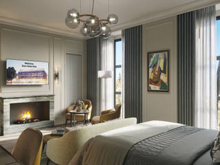 Interior visualization of a luxurious hotel suite overlooking the Cologne Cathedral, Render Vision Render Vision Master bedroom