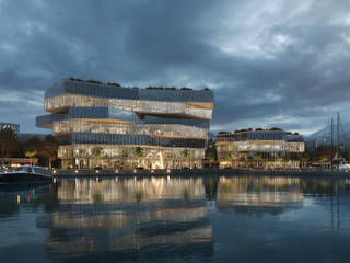 Exterior visualization of futuristic twin buildings by the water, Render Vision Render Vision Flat