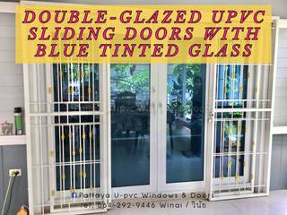 double-glazed (IGU: Insulated Glass Unit) sliding windows and doors with blue tinted glass, โรงงาน พัทยา กระจก ยูพีวีซี Pattaya UPVC Windows & Doors โรงงาน พัทยา กระจก ยูพีวีซี Pattaya UPVC Windows & Doors شبابيك بلاستيك