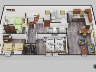 3D Floor Plan Design Service of 3 Bedroom Home in Los Angles , California by Floor Plan Designer, Yantram Architectural Design Studio Corporation Yantram Architectural Design Studio Corporation Apartemen