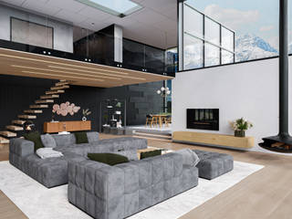 Geräumige Alpenvilla-Wohnung mit Big Sofa, Livarea Livarea ミニマルデザインの リビング 灰色