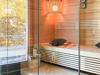 Sauna im Badezimmer einer Penthouse-Wohnung| KOERNER Saunamanufaktur, KOERNER SAUNABAU GMBH KOERNER SAUNABAU GMBH ซาวน่า
