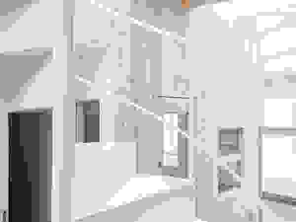 ディンプル建築設計事務所 Modern corridor, hallway & stairs Iron/Steel White