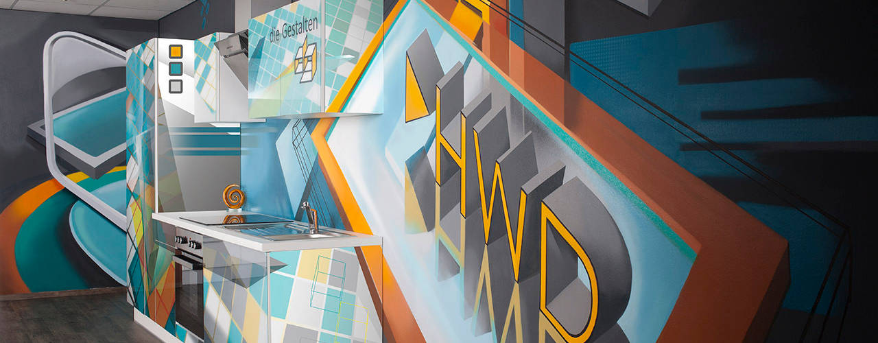 Graffiti Küche - Glasfronten individuell gestalten, HWD GmbH HWD GmbH 現代廚房設計點子、靈感&圖片