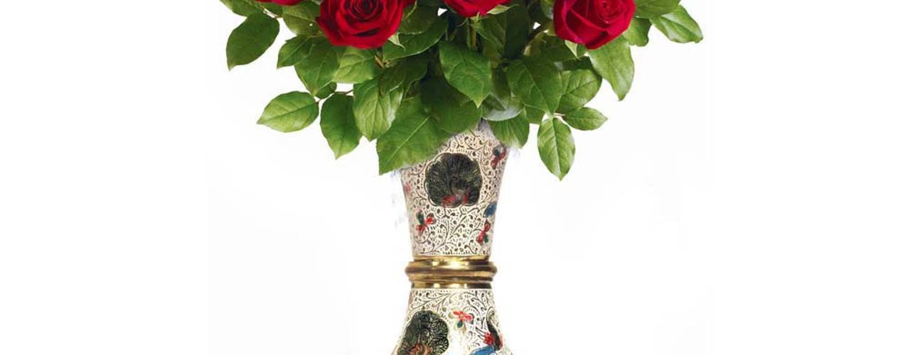 Enameled Peacock Design Brass Flower Vase, M4design M4design Asyatik Bahçe