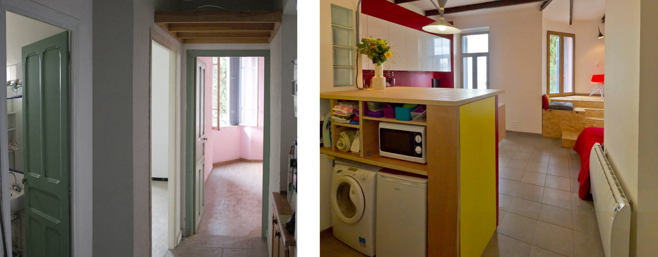 Rénovation d'un appartement à Ajaccio « Grand volume pour petite surface, un mini- loft tout citadin », Atelier RnB Atelier RnB Nowoczesny salon