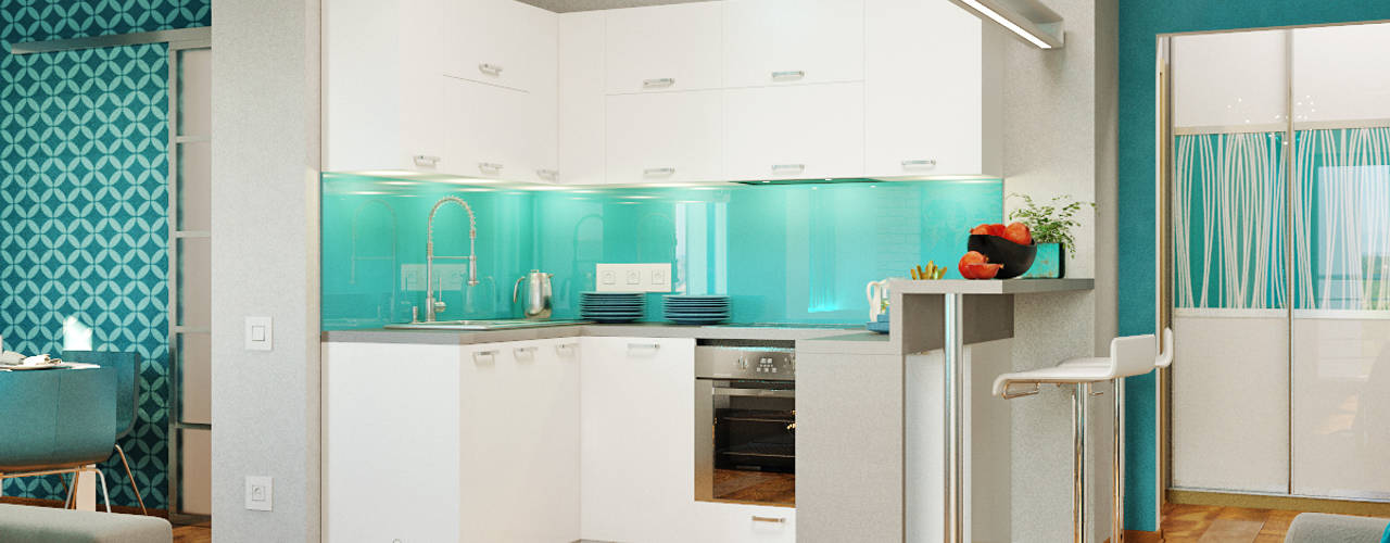 Морской стиль для гостиной и кухни, Студия дизайна ROMANIUK DESIGN Студия дизайна ROMANIUK DESIGN Dapur Modern