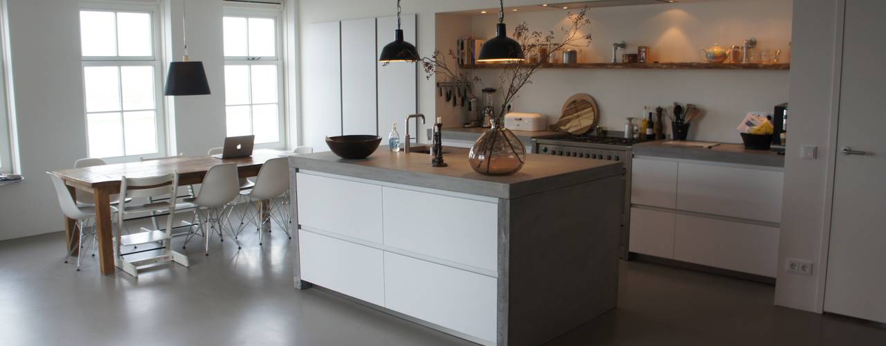 Keukens voorzien van een gietvloer, Design Gietvloer Design Gietvloer Moderne Küchen