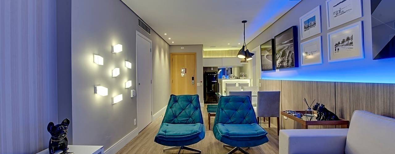 Iluminação destaca projeto moderno de flat na capital paulista, Guido Iluminação e Design Guido Iluminação e Design Modern living room