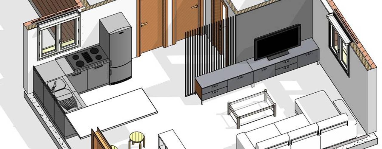 Plano de casa de 2 plantas con perspectiva