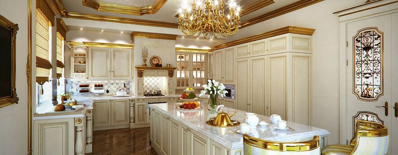 Golden house., Design studio of Stanislav Orekhov. ARCHITECTURE / INTERIOR DESIGN / VISUALIZATION. Design studio of Stanislav Orekhov. ARCHITECTURE / INTERIOR DESIGN / VISUALIZATION. Kitchen