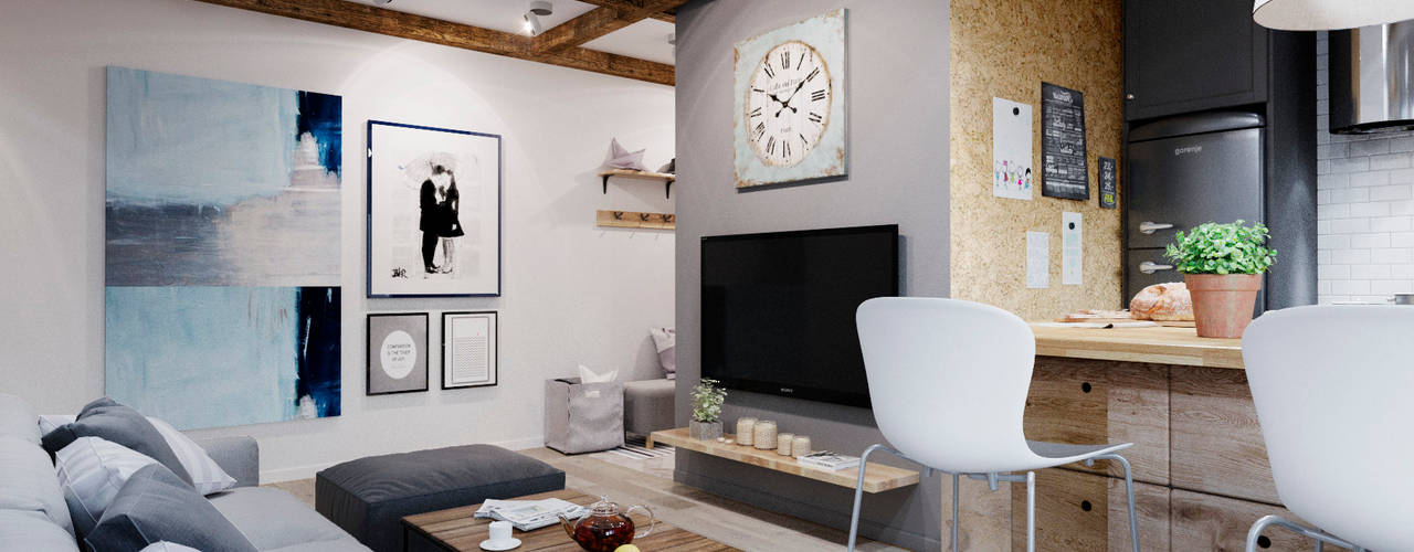 Малогабаритная квартира, Elena Arsentyeva Elena Arsentyeva Scandinavian style living room Engineered Wood Transparent