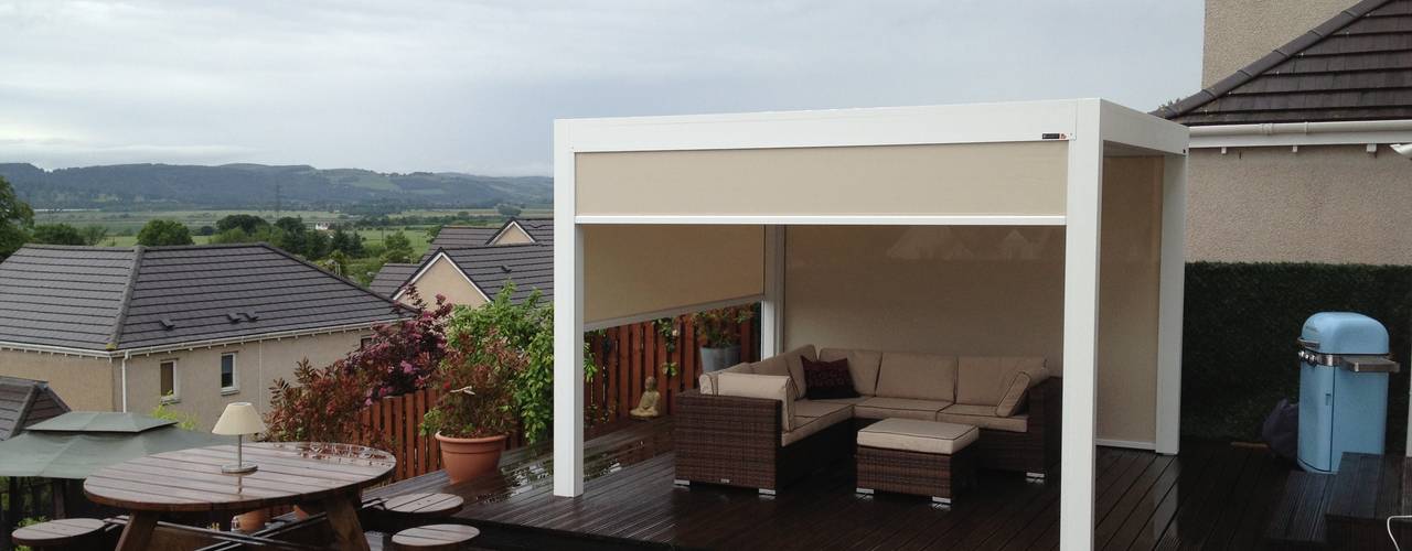 Outdoor Living Pod, Louvered Roof Patio Canopy Installation in the Scottish Borders. homify Modern garden outdoor living pod,louvered,roof,patio,terrace,canopy,garden,room