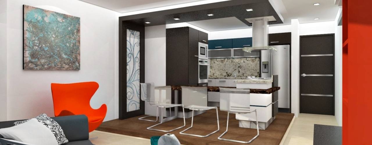 Diseño interior de sala y cocina, om-a arquitectura y diseño om-a arquitectura y diseño Nhà bếp phong cách tối giản