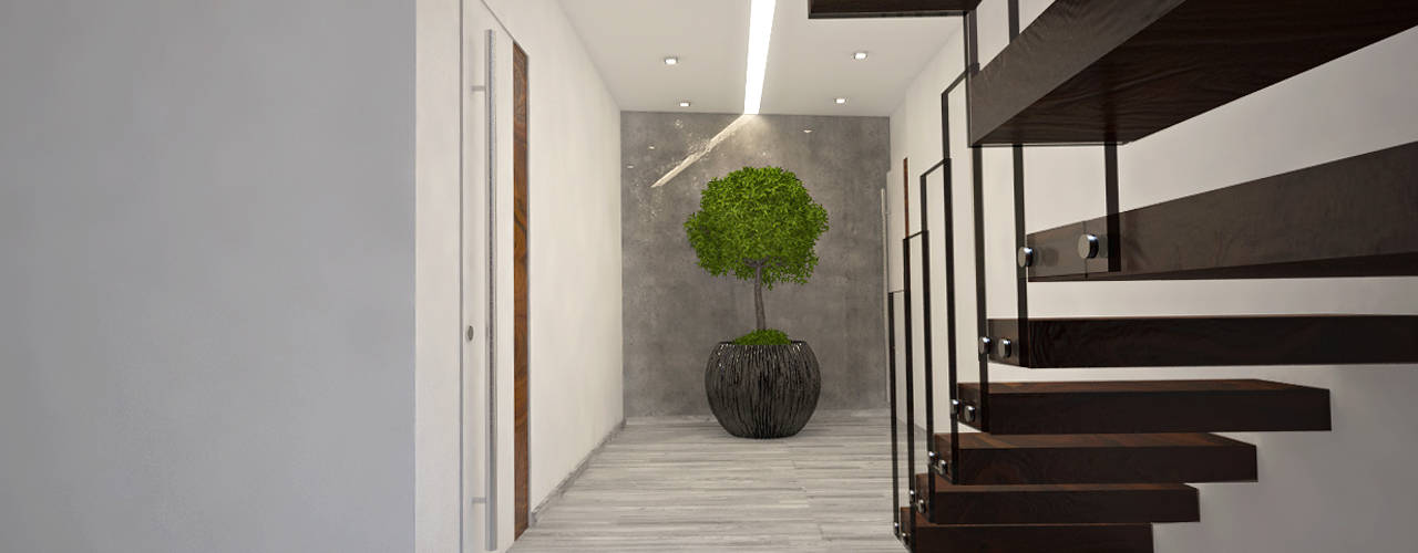 Moradia Familiar Moderna, Tiago Martins - 3D Tiago Martins - 3D Modern corridor, hallway & stairs